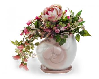 colorful floral arrangement in a pink ceramic vase, isolated on white background