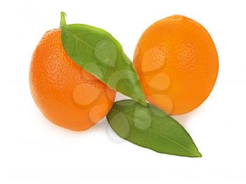 ripe orange fruits with leaves isolated on white background