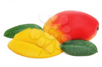 Fresh mango fruit with cut and green leaves isolated on white background. Closeup.