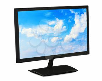 Black lcd monitor with blue sky isolated on white background. Closeup.
