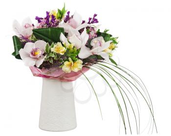 Bouquet from orchids in white vase isolated on white background. Closeup.