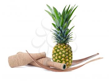 still life of pineapple and decorated bottles isolated on white