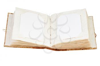 Open old photo album with place for your photos isolated on white background. Closeup.