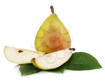 Ripe pear with cut and green leaves isolated on white background. Closeup.