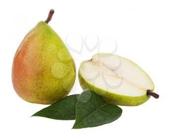 Ripe pear with cut and green leaves isolated on white background. Closeup.