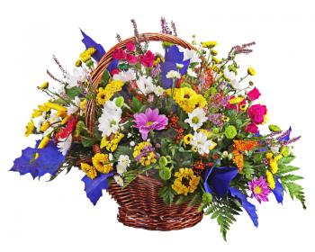 Flowers bouquet arrangement centerpiece in wicker basket isolated on white background. Closeup.
