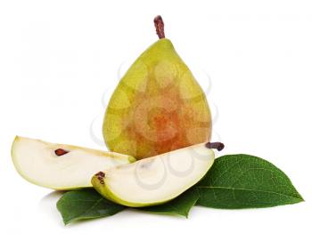 Pear with cut and green leaves isolated on white background. Closeup.