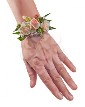 Bracelet from flowers on hand. Wedding accessories. Closeup. 