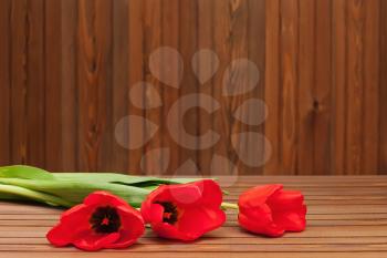 Red tulips on wooden background with space for text.