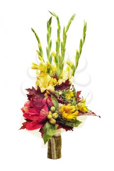 Arrangement of flowers, vegetables and fruits isolated on white background. Closeup.