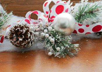 Christmas decoration on wooden background. Closeup.