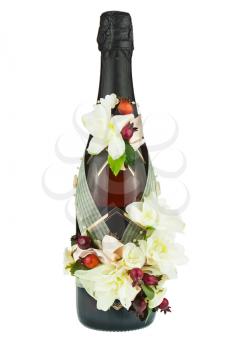 Champagne Bottle with Wedding Decoration of Flower Arrangements Isolated on White Background.