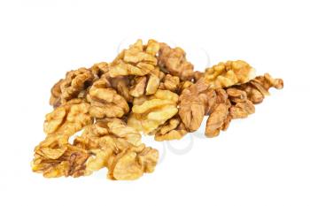 Handful of walnuts isolated on white background. Closeup. Selective focus.