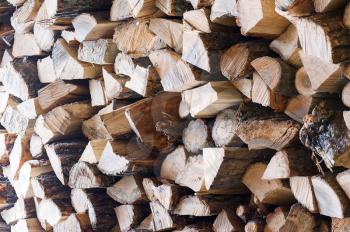 Woodpile from dry oak logs. Selective focus. For use as nature background.
