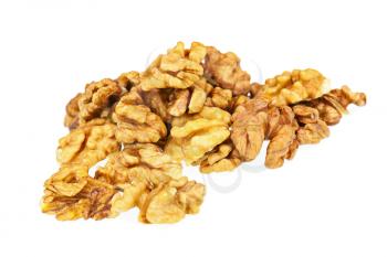 Handful of walnuts isolated on white background. Closeup. Selective focus.