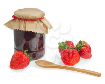 Glass jar of strawberry jam with berries isolated on white background. Closeup.