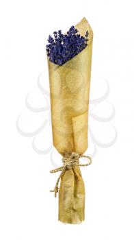 Bouquet from lavender flowers in modern stylish paper wrapping isolated on white background.
