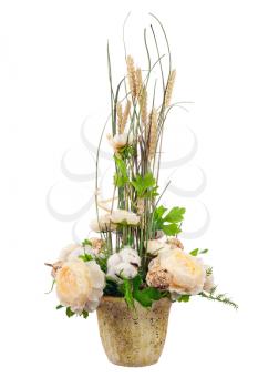 Bouquet from peony flowers, cotton balls and ears of wheat in stylish vase isolated on white background.