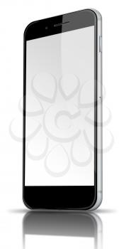 Realistic mobile phone with blank screen, shadows and reflections isolated on white background. Highly detailed illustration.