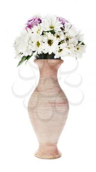 Colorful flower wedding bouquet for bride arrangement centerpiece in old vase isolated on white background.
