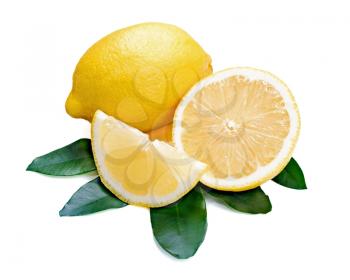 Fresh lemon citrus fruit with cut and green leaves isolated on white background.