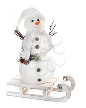 Snowman on sled isolated on white background. 