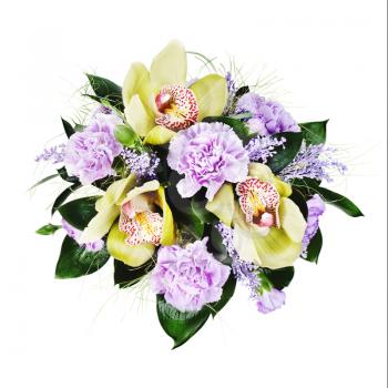 colorful floral bouquet of roses, cloves and orchids isolated on white background