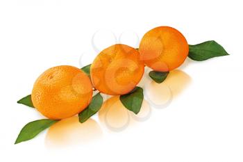 Fresh tangerines with green leaves isolated on white background.