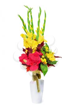 Bouquet from gladioluses arrangement centerpiece in vase isolated on white background.