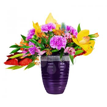 Floral bouquet of orchids, gladioluses and carnation arrangement centerpiece in blue vase isolated on white background
