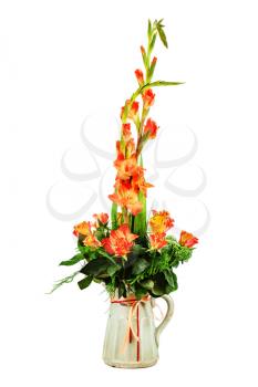 Floral bouquet of roses and gladioluses arrangement centerpiece in vase isolated on white background. Closeup.