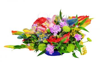 Floral bouquet of orchids, gladioluses and carnation arrangement centerpiece in glass vase isolated on white background.