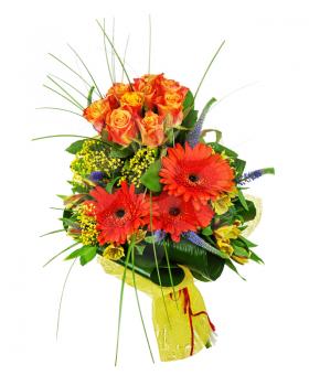 Colorful bouquet from roses and gerberas isolated on white background. Closeup.