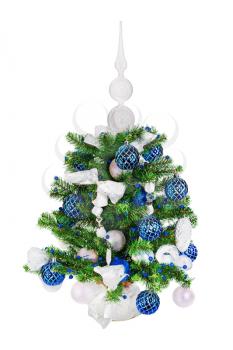 Christmas fir tree decorated with Christmas balls, snowflakes, candles , beads and pine branches isolated on white background