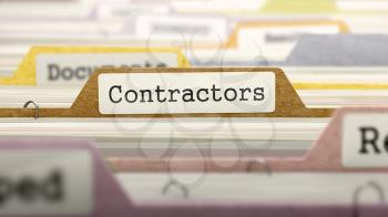 Contractors Concept on File Label in Multicolor Card Index. Closeup View. Selective Focus. 3D Render. 