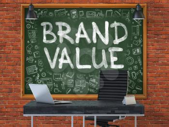 Brand Value Concept Handwritten on Green Chalkboard with Doodle Icons. Office Interior with Modern Workplace. Red Brick Wall Background. 3D.