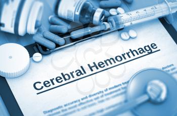 Cerebral Hemorrhage, Medical Concept with Pills, Injections and Syringe. Cerebral Hemorrhage, Medical Concept with Selective Focus. 3D Render.