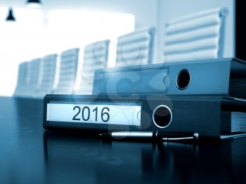 2016. Business Illustration on Blurred Background. 2016 - Concept. 2016 - File Folder on Black Desktop. 3D.