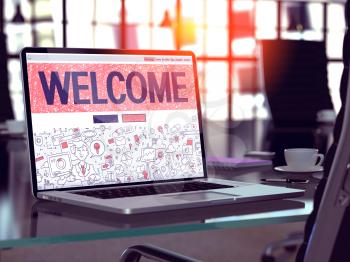 Welcome Concept - Closeup on Landing Page of Laptop Screen in Modern Office Workplace. Toned Image with Selective Focus. 3D Render.