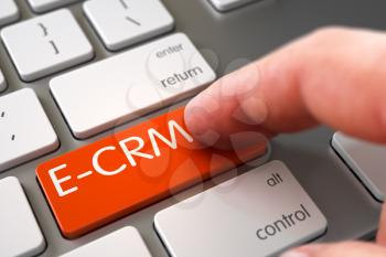 Finger Pressing on White Keyboard Orange Key with E-CRM Sign. 3D Render.