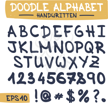 Hand Written Doodle Alphabet. Sketch Sign Illustration on Paper of Hand Drawn Font. Hand Drawing Handmade Letters for Web, App, Mobile, Business, Finance, Technology, Education. .