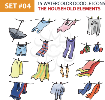 Watercolor Hand Drawing Icons Set - The Household Elements. Sketch Doodle Illustration of Hand Drawn Elements of Linen, Drying Clothes, Outerwear. Hand Drawing Line Icons for Web, App and Mobile. .