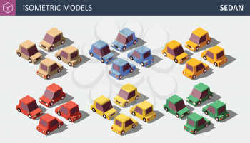 Vector Isometric Models of Classic Sedan, shown in Four Dimensions. Isolated Vector 3D Illustration. Personal Cars in Six Colors.