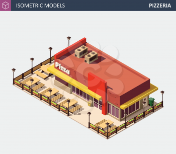 Fast Food or Pizzerie Building with Sale Sign Board. Vector Isometric Illustration.