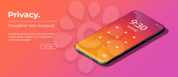 Modern Mobile Cellphone or Smart Phone with Lock Screen UI, UX and GUI Template in Trendy Orange, Red, Purple Gradient Lies on Smooth Colorful Surface. Template for E-commerce, Website and Mobile Apps