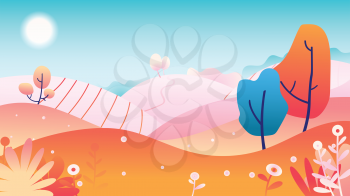Flat Colorful Landscape Background in Linear Style with Plants, Hills, Trees and Open Space for Text.