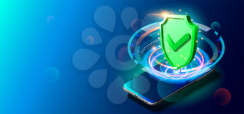 Secure Privacy Data in Internet. The Protection of Personal Data in Mobile Devices. Realistic Vector Illustration of Smartphone. New Shiny Mobile Smart Phone with Shield Icon on Screen. Safety Concept