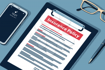 Insurance Policy Concept with Clipboard, Modern Smartphone, Ball Pen and Glasses. Flat Lay, Top View. Vector Halftone Isometric Illustration.
