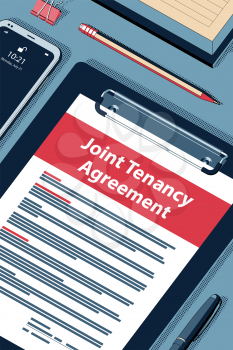 Joint Tenancy Agreement Concept with Clipboard, Modern Smartphone, Ball Pen and Glasses. Flat Lay, Top View. Vector Halftone Isometric Illustration.