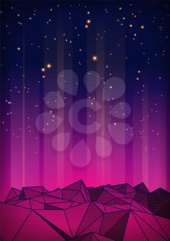 Retro Futuristic Landscape with Mountains and Laser Rays.1980s Style 3d illustration. Digital Landscape in a Cyber world. Retro 80s Fashion Sci-Fi Background Landscape For Use as Party Flyer
